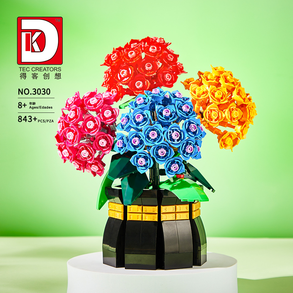 Plant Parent Pot - ชุดตัวต่อกระเช้าดอกไฮเดรนเยียแบบปักลายใหม่ ของตกแต่งโต๊ะทำงาน ของเล่นประกอบรูปดอกไม้ในกระถาง ของขวัญวันหยุด DK3029