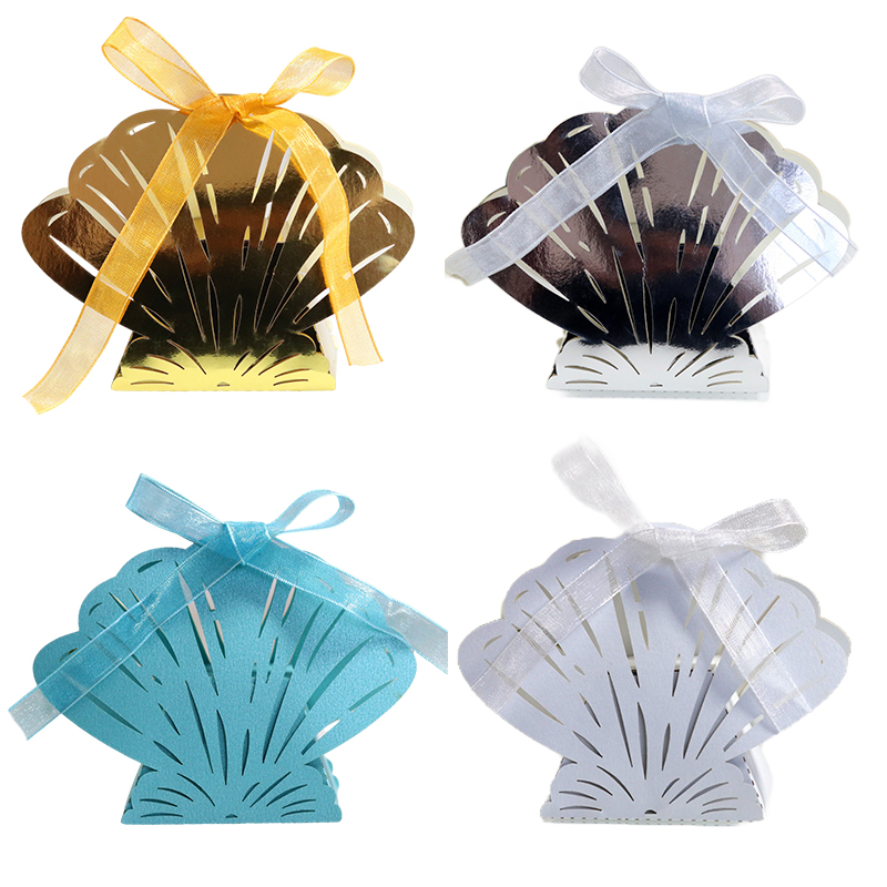 Plant Parent Gifts - 50/100 ชิ้น กล่องของขวัญทรงเปลือกหอยตัดด้วยเลเซอร์ พร้อมริบบิ้น สำหรับงานแต่งงาน งานเลี้ยงฉลองเด็กแรกเกิด