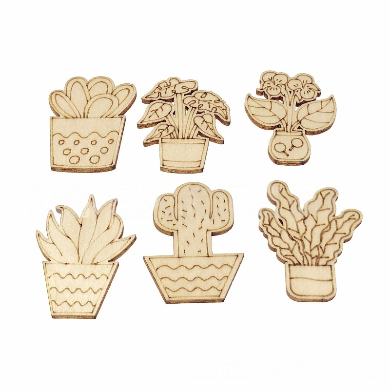 Cactus Mix Pot - ชาร์มไม้ตัดรูปดอกไม้และกระบองเพชรแบบผสม 50 ชิ้น สำหรับงาน DIY พิมพ์ลาย